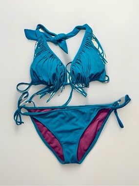 Guess Teal Fringe Tie‎ Bikini with Magenta Lining